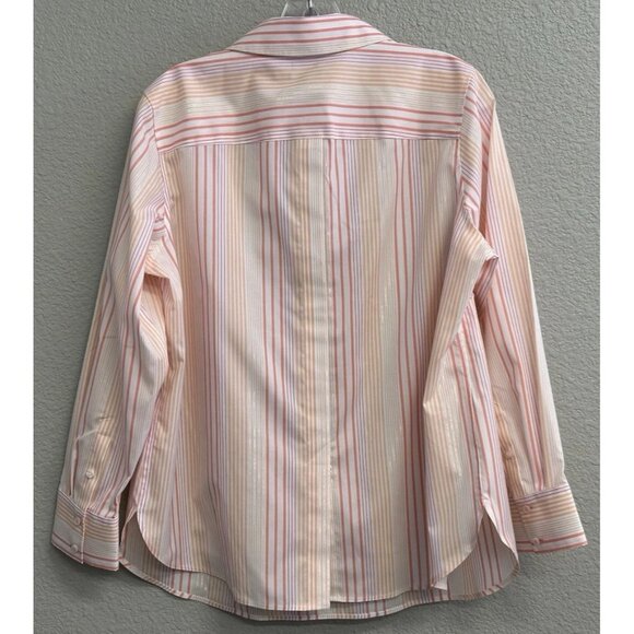 Talbots Petite XP Popover Blouse Long Sleeves Peach Metallic Stripes Shirt - Picture 2 of 10